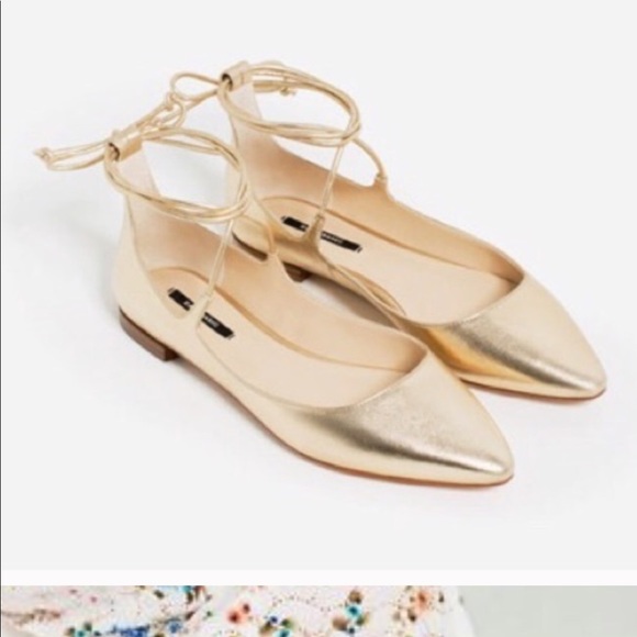 Gold Zara Lace Up Flats! Sold out! Size 8 - Picture 2 of 6